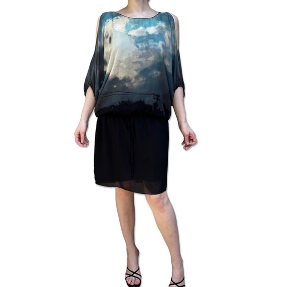 M.S.S.P. Cloud Print Dress Black Skirt Overlay Batwing Sleeves Adjustable Waist - Picture 6 of 7